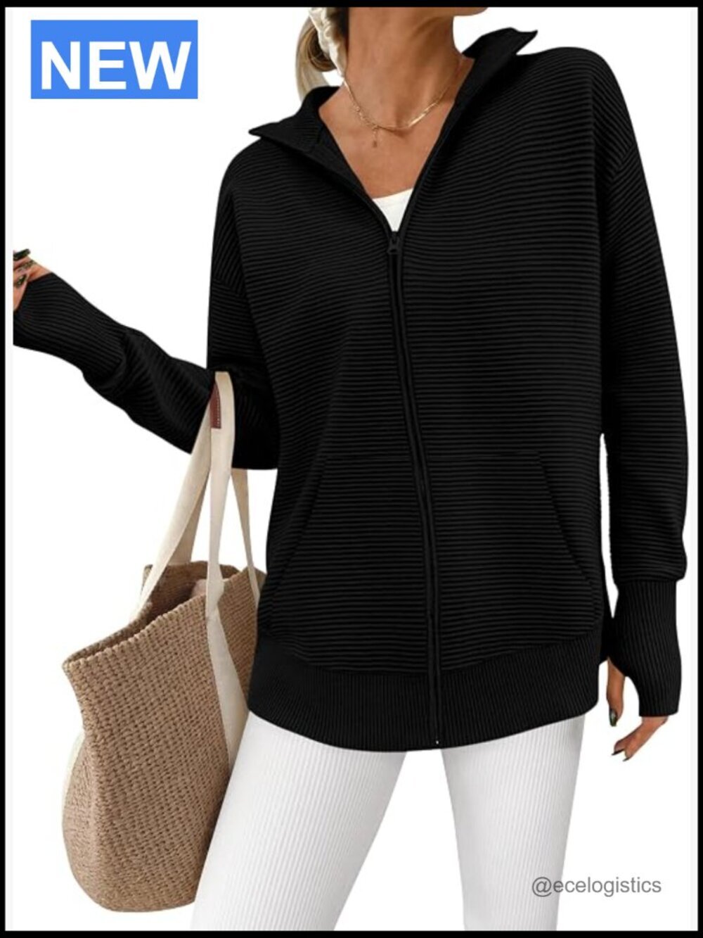 Long Sleeve Zip Up Cardigan Sweater Casual Loose Collared Ribbed Knit Jacket